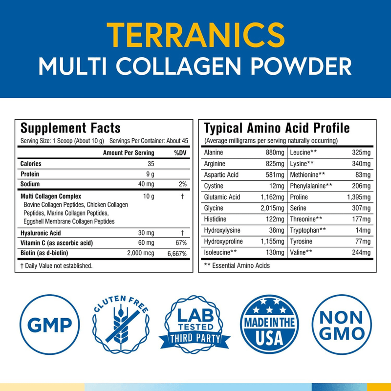 Terranics Multi Collagen Powder with Biotin, Vitamin C & Hyaluronic Acid - 454 g - Puro Estado Fisico