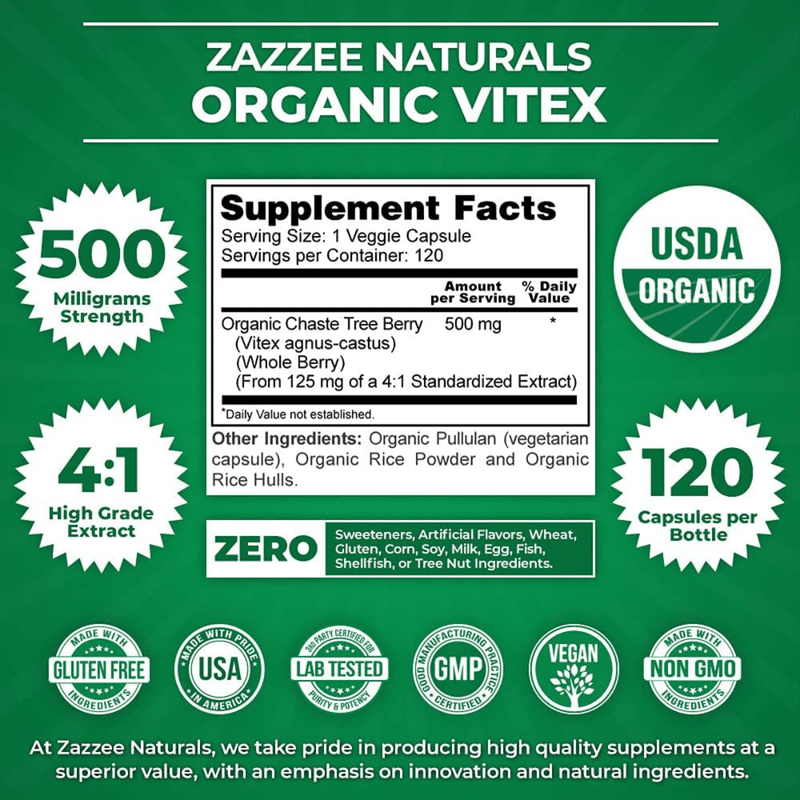 Zazzee Organic Vitex 500 mg - 120 Cápsulas Veganas - Puro Estado Fisico
