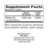 Bio-Tech Vitamina K1 - 1000 mcg - 100 Cápsulas - Puro Estado Fisico