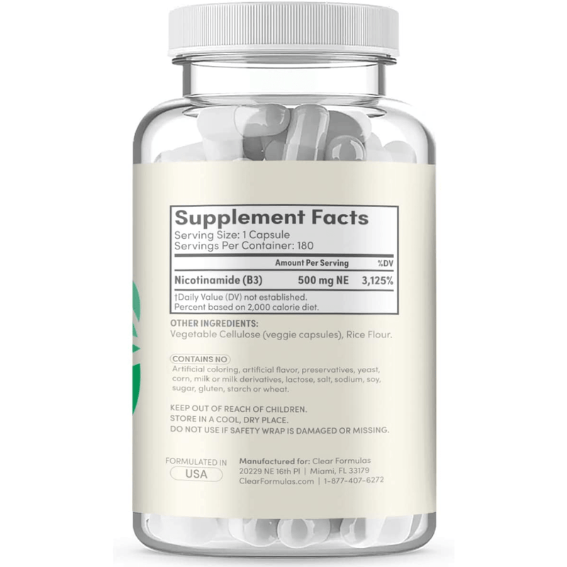 Clear Formulas Nicotinamide 500 mg - 180 Cápsulas - Puro Estado Fisico
