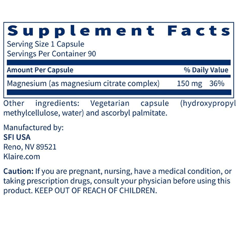 Klaire Labs Magnesium Citrate 150 mg 90 Cápsulas Vegetarianas Puro