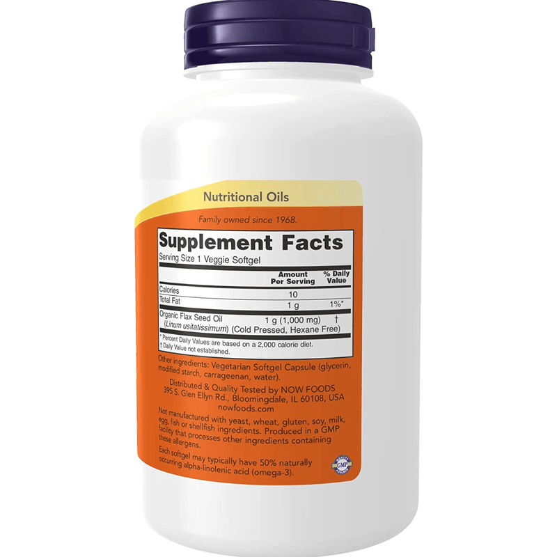 NOW Foods Flax Oil 1000 mg with Essential Omega-3s - 120 Cápsulas Vegetales - Puro Estado Fisico