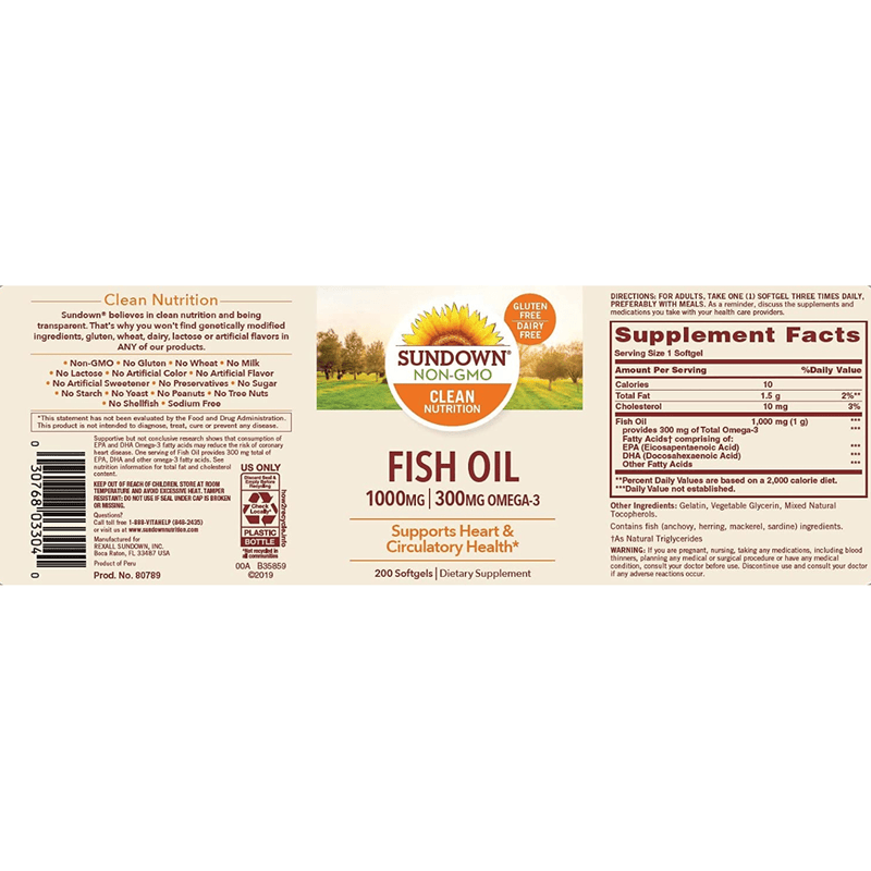 Sundown Naturals Fish Oil 1000 mg - 200 Cápsulas Blandas - Puro Estado Fisico