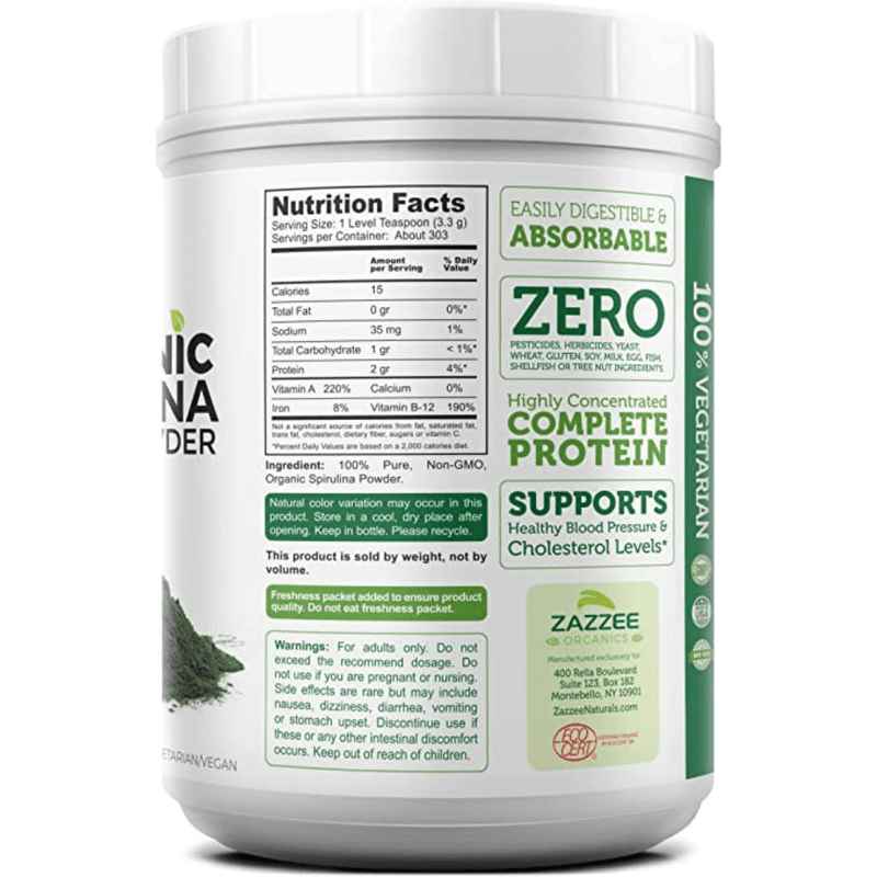 Zazzee Espirulina Organica - 2,2 lb - Puro Estado Fisico