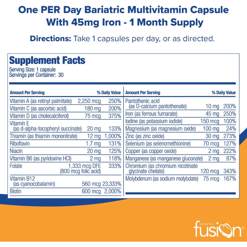 Bariatric Fusion Multivitamínico Con Hierro UNO por día - 30 Cápsulas - Puro Estado Fisico