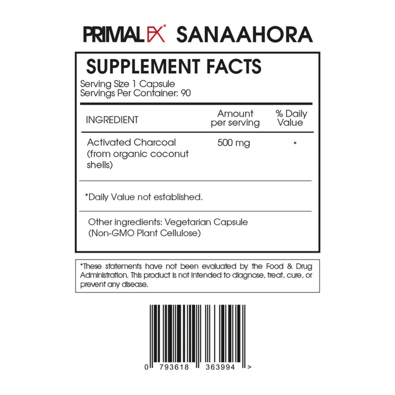 PrimalFX Carbón + Activado 500 mg - 90 Cápsulas - Puro Estado Fisico
