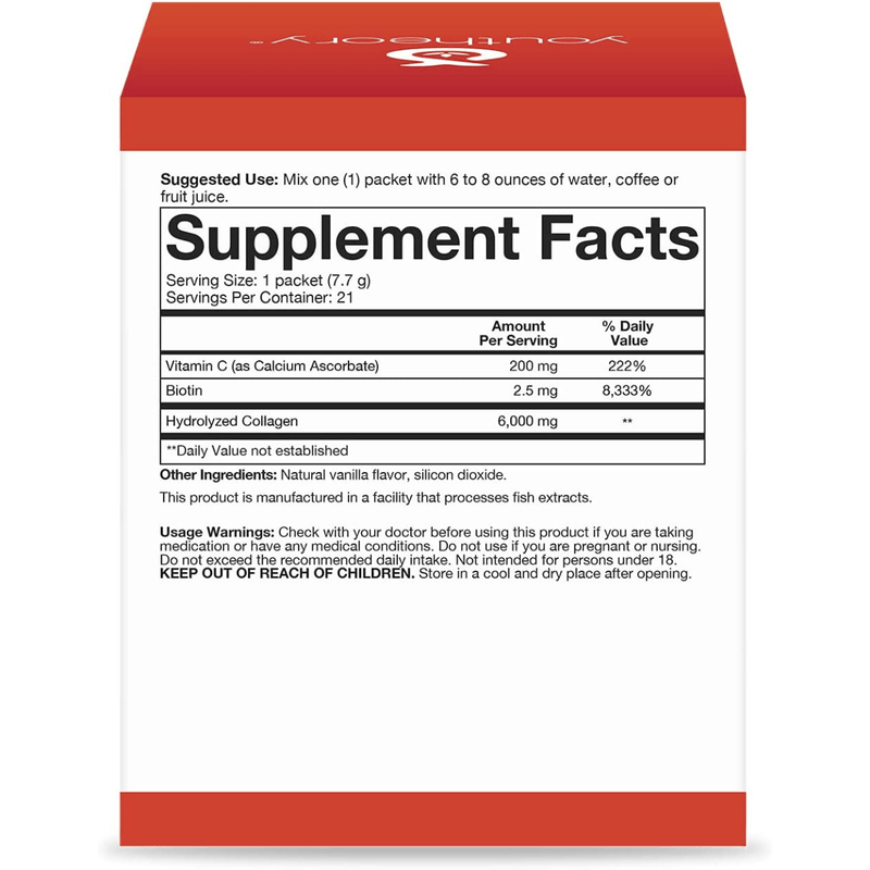 Youtheory Colágeno Hidrolizado - Vainilla - 21 paquetes - Puro Estado Fisico