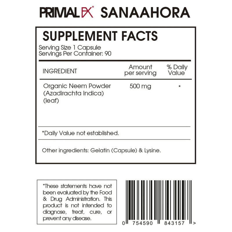 PrimalFX Azadirachta + Neem 500 mg - 90 Cápsulas - Puro Estado Fisico