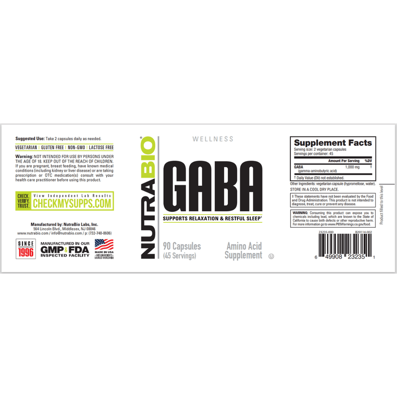 NutraBio GABA - 90 Cápsulas - Puro Estado Fisico