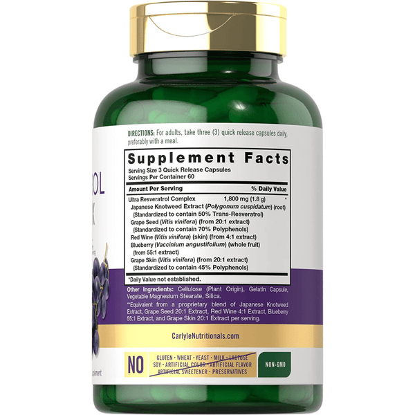 Carlyle Complejo Resveratrol  - 180 Cápsulas de Liberación Rápida - Tabla Nutricional - Puro Estado Físico