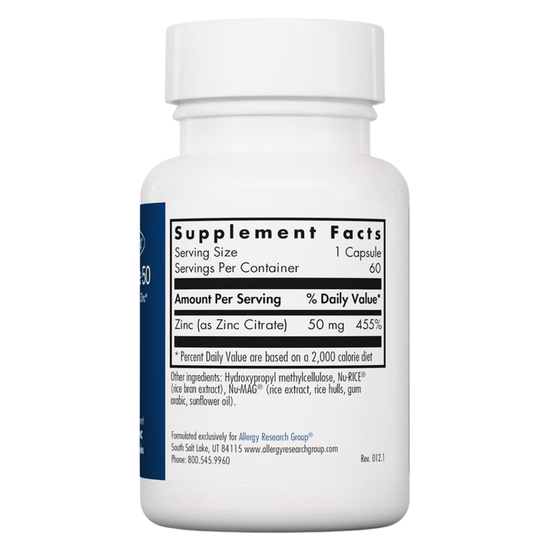 Allergy Research Group Citrato de zinc 50 mg - 60 Cápsulas Vegetales - Puro Estado Fisico