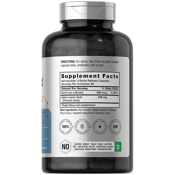 Horbäach Ácido Alfa Lipoico con Biotina 600 mg - 240 Cápsulas - Tabla Nutricional - Puro Estado Físico
