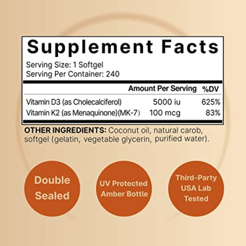 Vitaminas D3 y K2 - 240 Cápsulas Blandas - Puro Estado Fisico