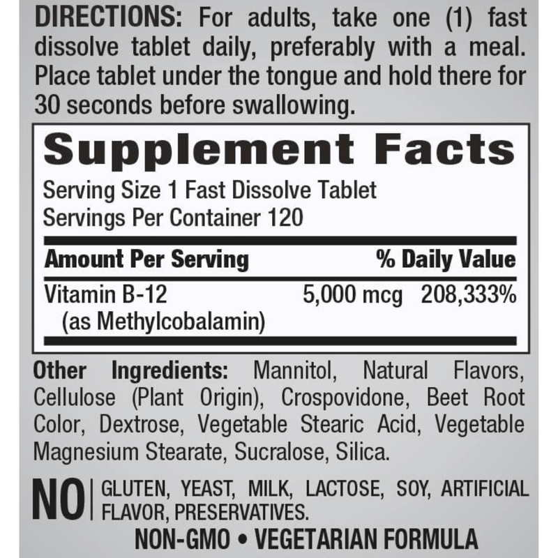 Piping Rock Vitamina B12 - 120 Tabletas de disolución rápida - Puro Estado Fisico