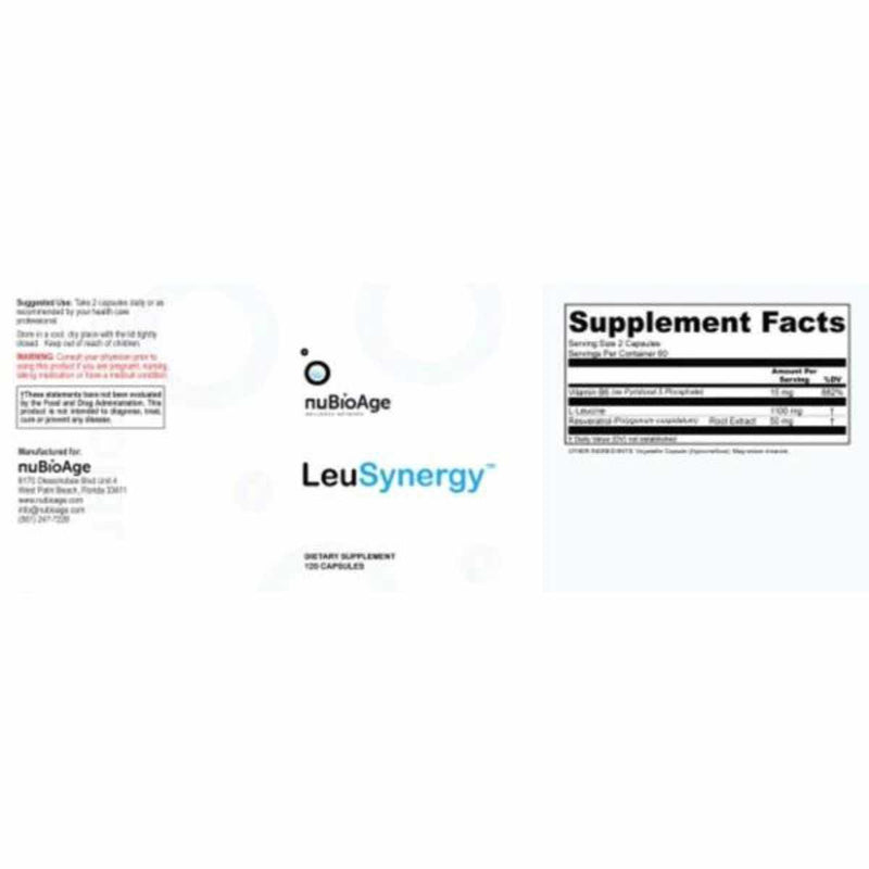 nuBioAge  LeuSynergy Para Fortalecer El Sistema Inmunológico 1000 mg - 120 Cápsulas - Tabla Nutricional - Puro Estado Físico