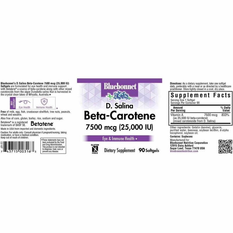 Bluebonnet Betacaroteno - 25.000 IU - 90 Cápsulas Blandas - Puro Estado Fisico