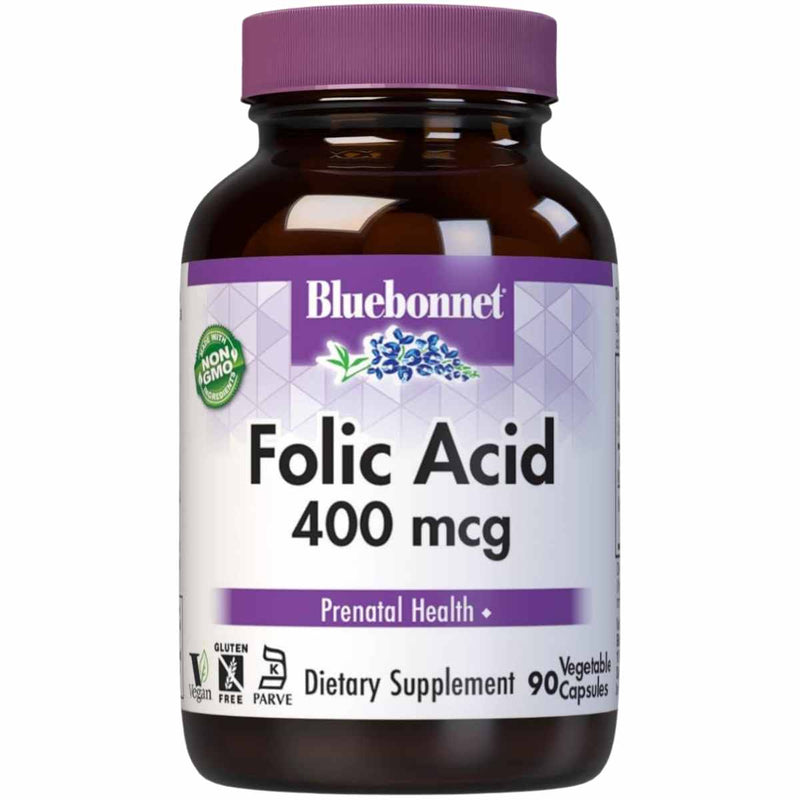 Bluebonnet Folic Acid - 400 mcg - 90 Cápsulas De Origen Vegetal - Puro Estado Fisico