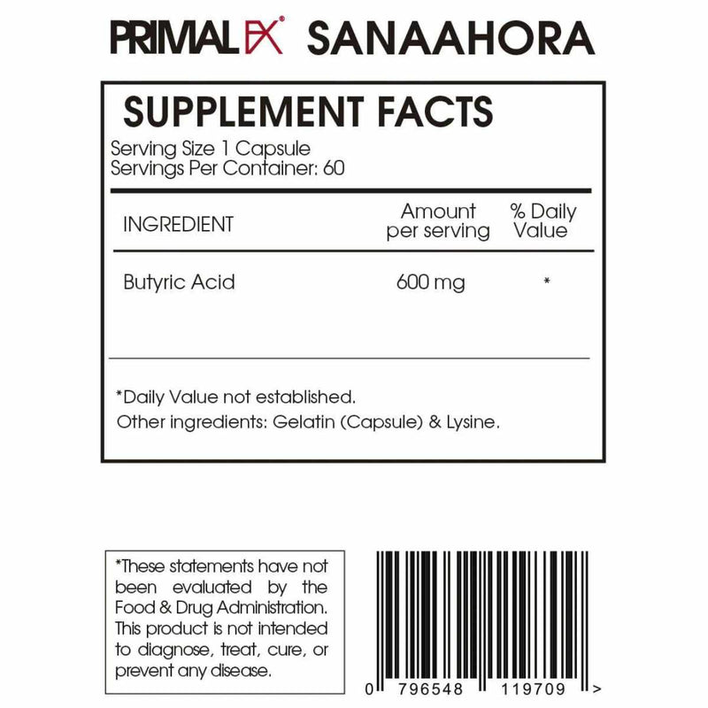 PrimalFX Butirato + Ácido Butírico - 60 Cápsulas - Tabla Nutricional - Puro Estado Físico