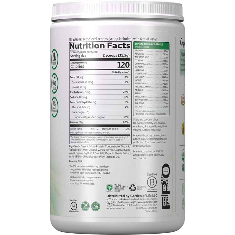 Garden of Life Proteína de suero de leche orgánica - Sabor Vainilla - 378  g - Tabla Nutricional - Puro Estado Físico