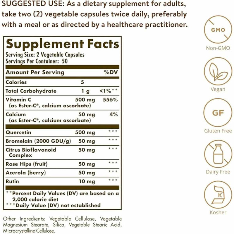 Solgar Complejo de Quercetina - 100 Cápsulas Vegetales - Tabla Nutricional - Puro Estado Físico