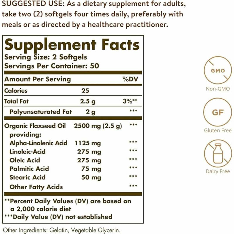 Solgar Aceite de Linaza  1250 mg - 100 Cápsulas Blandas - Tabla Nutricional - Puro Estado Físico