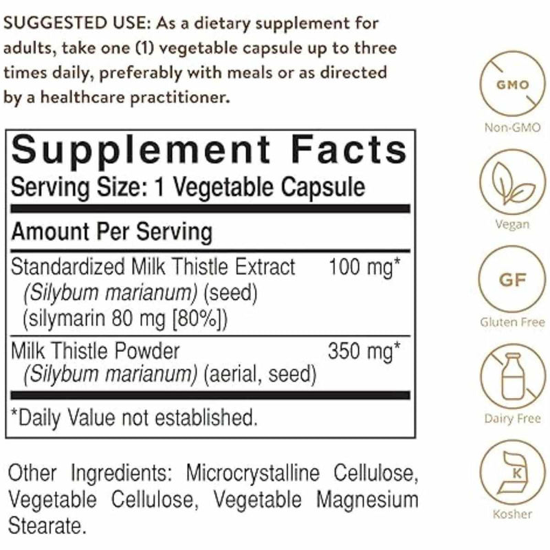 Solgar Cardo Mariano - 250  Cápsulas Vegetales - Tabla Nutricional - Puro Estado Físico