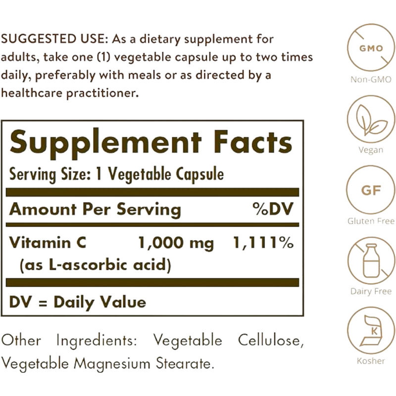 Solgar Vitamina C 1000 mg - 250 Cápsulas Vegetales - Tabla Nutricional - Puro Estado Físico