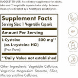 Solgar L-Cisteína 500 mg - 90 Cápsulas Vegetales - Tabla Nutricional - Puro Estado Físico