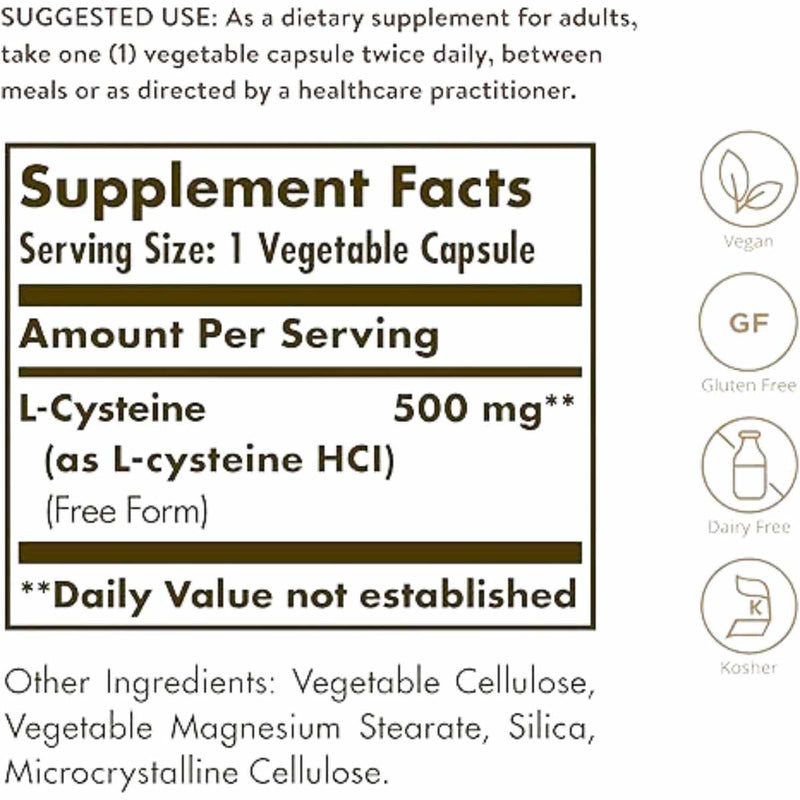 Solgar L-Cisteína 500 mg - 90 Cápsulas Vegetales - Tabla Nutricional - Puro Estado Físico