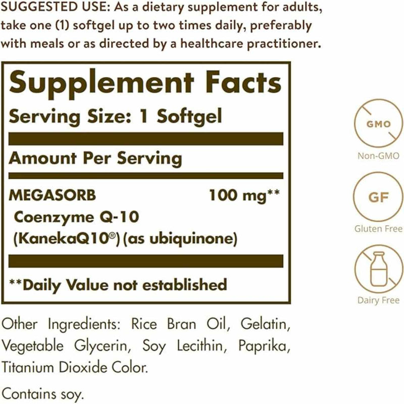 Solgar Megasorb CoQ-10 100 mg - 30 Cápsulas Blandas - Tabla Nutricional - Puro Estado Físico