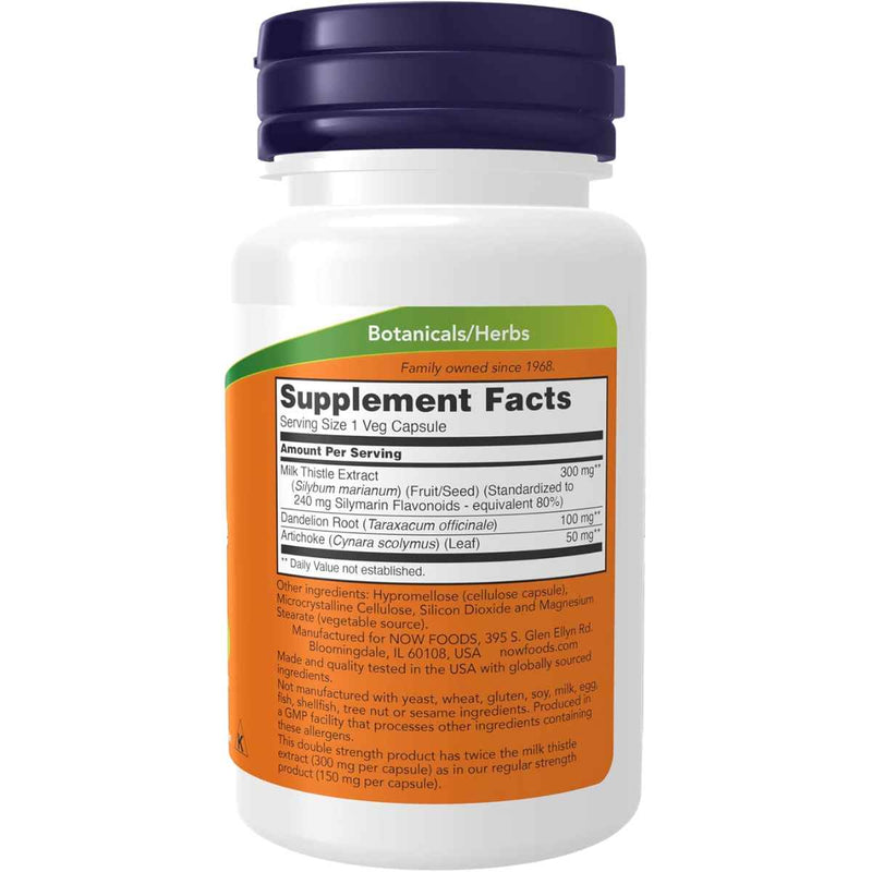 NOW Foods Cardo Mariano Doble Fuerza Salud Del Hígado 300 mg - 50 Cápsulas Veganas - Tabla Nutricional - Puro Estado Físico