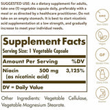 Solgar Niacina (Vitamina B3) 500 mg - 250 Cápsulas Vegetales - Tabla Nutricional - Puro Estado Físico