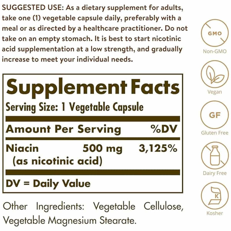 Solgar Niacina (Vitamina B3) 500 mg - 250 Cápsulas Vegetales - Tabla Nutricional - Puro Estado Físico