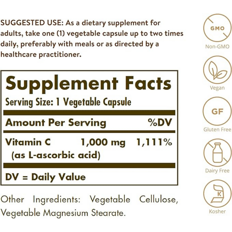 Solgar Vitamina C 1000 mg - 100 Cápsulas Vegetales - Tabla Nutricional - Puro Estado Físico