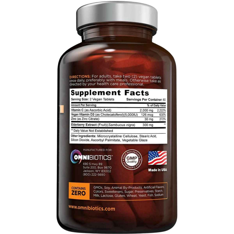 OmniBiotics Vitamina C 2000 mg - 120  Tabletas Veganas - Tabla Nutricional - Puro Estado Físico