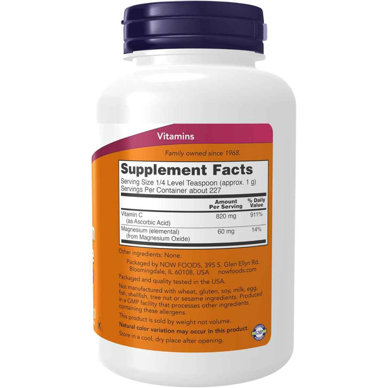 NOW Foods® Ascorbato De Magnesio - 227 g - Tabla Nutricional - Puro Estado Físico