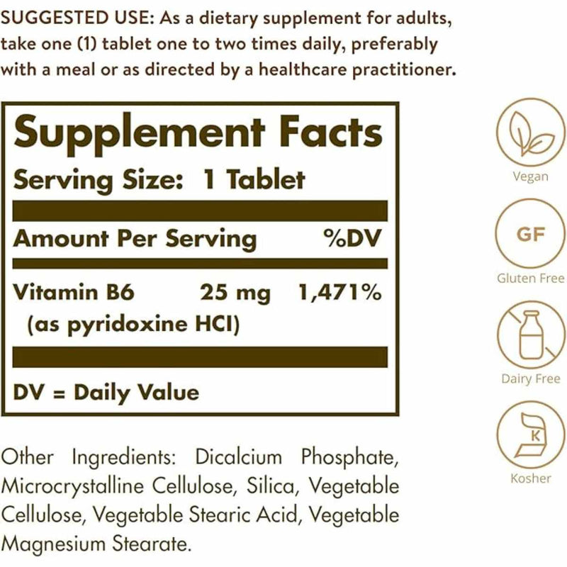 Solgar Vitamina B6  25 mg - 100 Tabletas - Tabla Nutricional - Puro Estado Físico