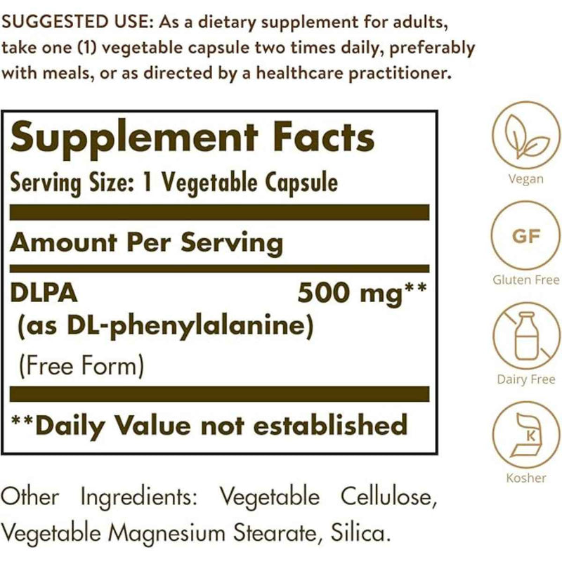 Solgar DLPA  500 mg - 100  Cápsulas Vegetales - Tabla Nutricional - Puro Estado Físico