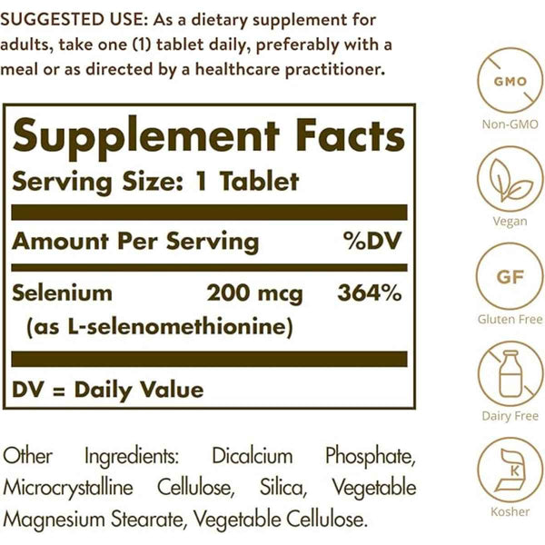 Solgar  Selenio Sin Levadura  200 mcg - 250  Tabletas - Tabla Nutricional - Puro Estado Físico