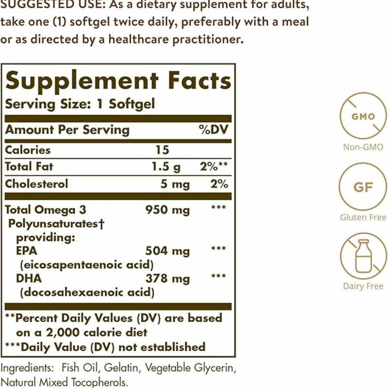 Solgar Omega 3 950 mg - 50 Cápsulas Blandas - Tabla Nutricional - Puro Estado Físico