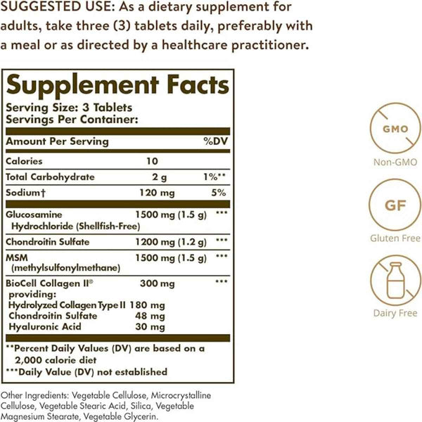 Solgar Glucosamina, Ácido Hialurónico, Condroitina Y MSM - 60 Tabletas - Tabla Nutricional - Puro Estado Físico