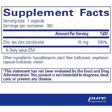Pure Encapsulations Zinc  15 mg - 180 Cápsulas - Tabla Nutricional - Puro Estado Físico