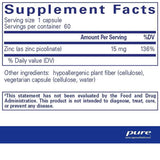Pure Encapsulations Zinc  15 mg - 60 Cápsulas - Tabla Nutricional - Puro Estado Físico
