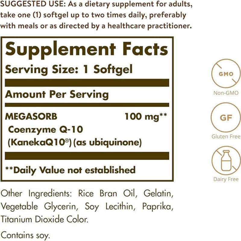 Solgar Megasorb CoQ-10 100 mg - 90 Cápsulas Blandas - Tabla Nutricional - Puro Estado Físico