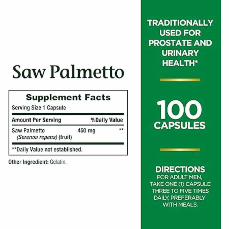 Nature’s Bounty Saw Palmetto 450 mg - 100 Cápsulas - Tabla Nutricional - Puro Estado Físico