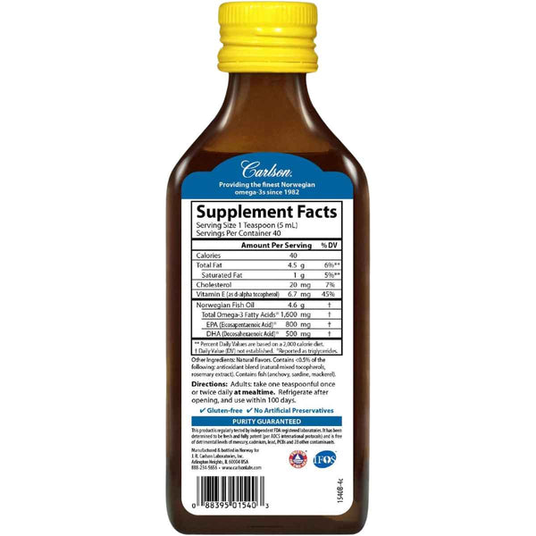 Carlson Aceite De Pescado 1600 - Sabor Limón - 200 ml - Tabla Nutricional - Puro Estado Físico