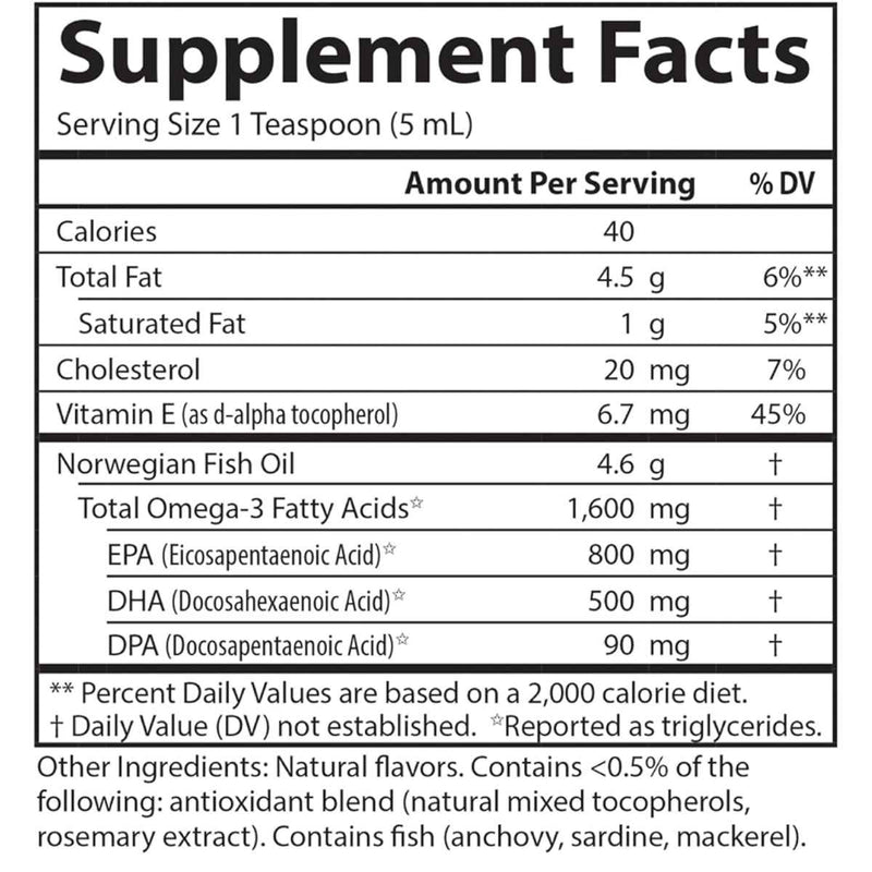 Carlson Aceite de pescado 1600 mg - Sabor Limón - 500 ml - Tabla Nutricional - Puro Estado Físico