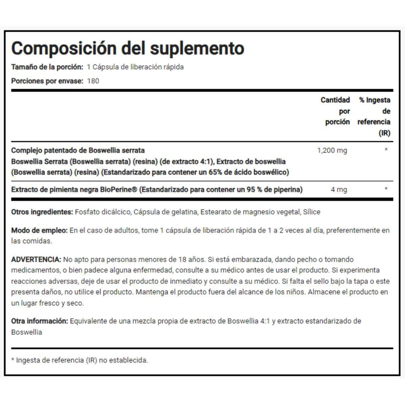 Piping Rock Extracto de Boswellia 1200 mg - 180  Cápsulas de Liberación Rápida - Tabla Nutricional - Puro Estado Físico