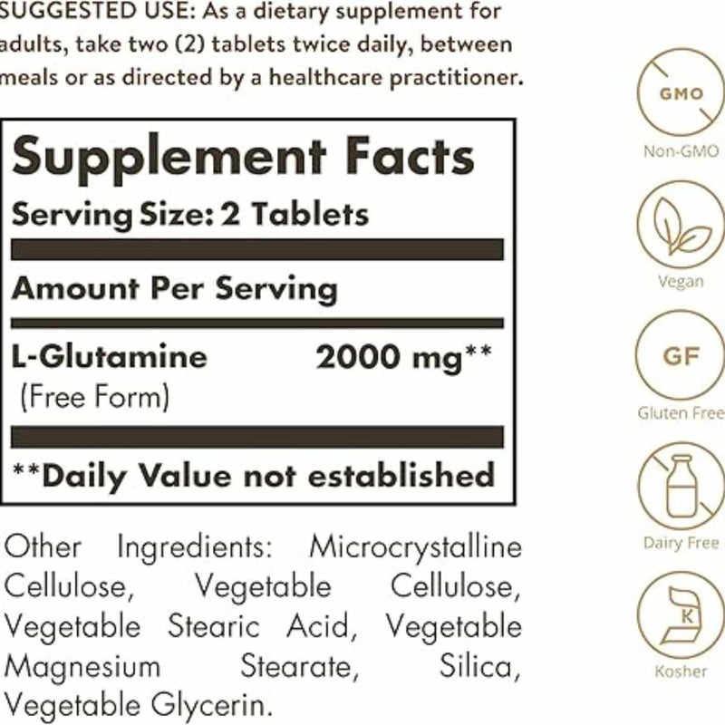 Solgar  L-Glutamina 1000 mg - 60  Tabletas - Tabla Nutricional - Puro Estado Físico