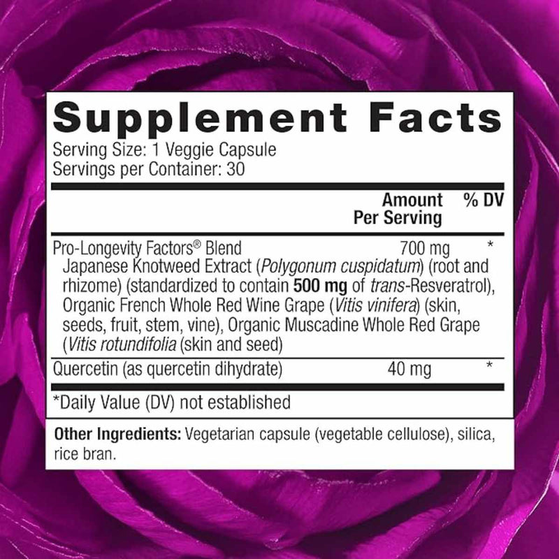 Reserveage Beauty  Resveratrol  500 mg - 30  Cápsulas Vegetales - Tabla Nutricional - Puro Estado Físico